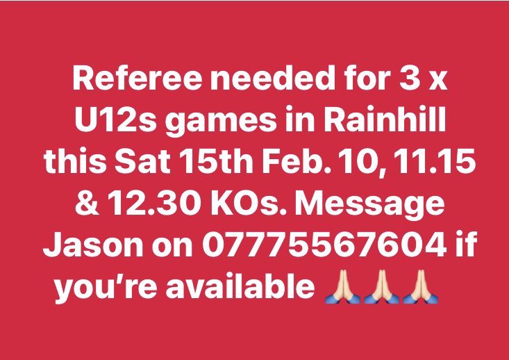 Any chance <a href="/WarrJFL/">WarringtonJFL</a> ??? Team kicking off at 11.15am hasn’t had an allocated ref for a single league game at home all season 🙏🏻🙏🏻🙏🏻

<a href="/LCFA_Referees/">Liverpool County FA Referees Department</a> <a href="/warringtonRDG/">Warrington Referees Development Group</a>