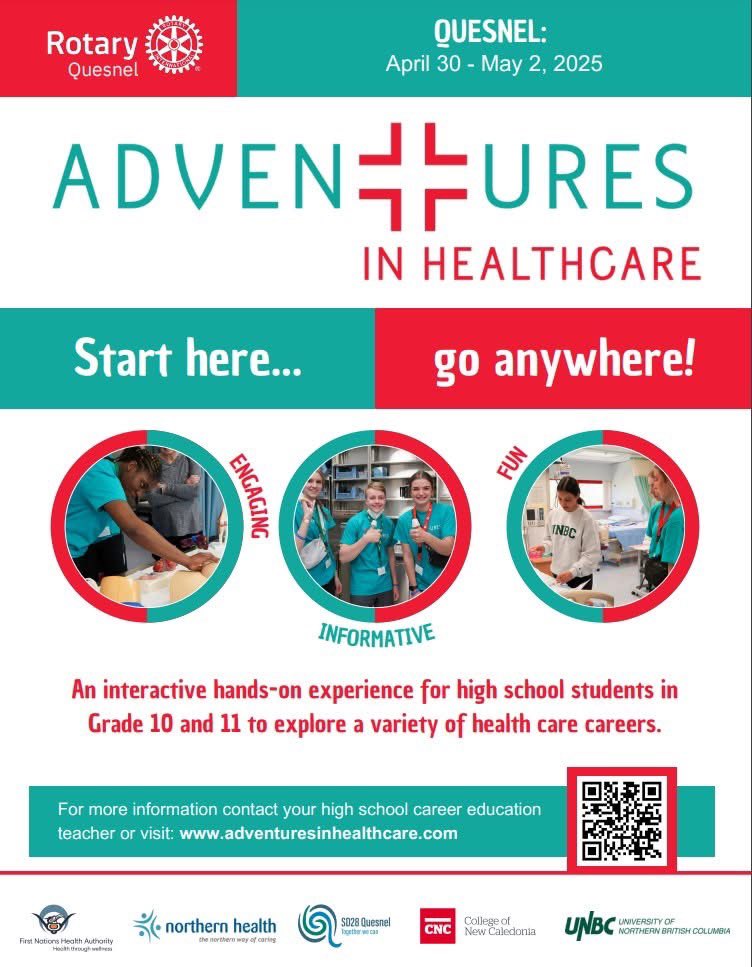 Applications are available from the office at Correlieu Secondary School and are due back to the office on February 20.

No cost to the participants in the School District 28 catchment area!

#RotaryAdventuresInHealthcare