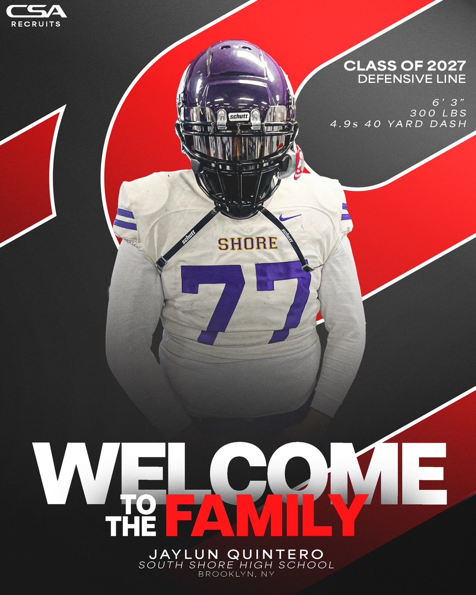 CSA Recruits: A College Sports Agency (@csarecruits) on Twitter photo Welcome to the CSA Family Jaylun Quintero <a href="/JaylunQ77/">Jaylun Quintero</a>. Jaylun is a 6'3" 300 lb Defensive Lineman out of South Shore High School in Brooklyn, NY. Welcome to the CSA Family Jaylun Quintero <a href="/JaylunQ77/">Jaylun Quintero</a>. Jaylun is a 6'3" 300 lb Defensive Lineman out of South Shore High School in Brooklyn, NY.