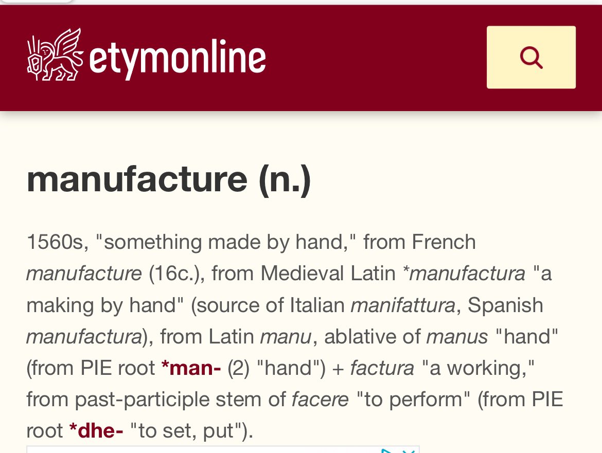 Nope. Since 1560 it means "a making by hand"