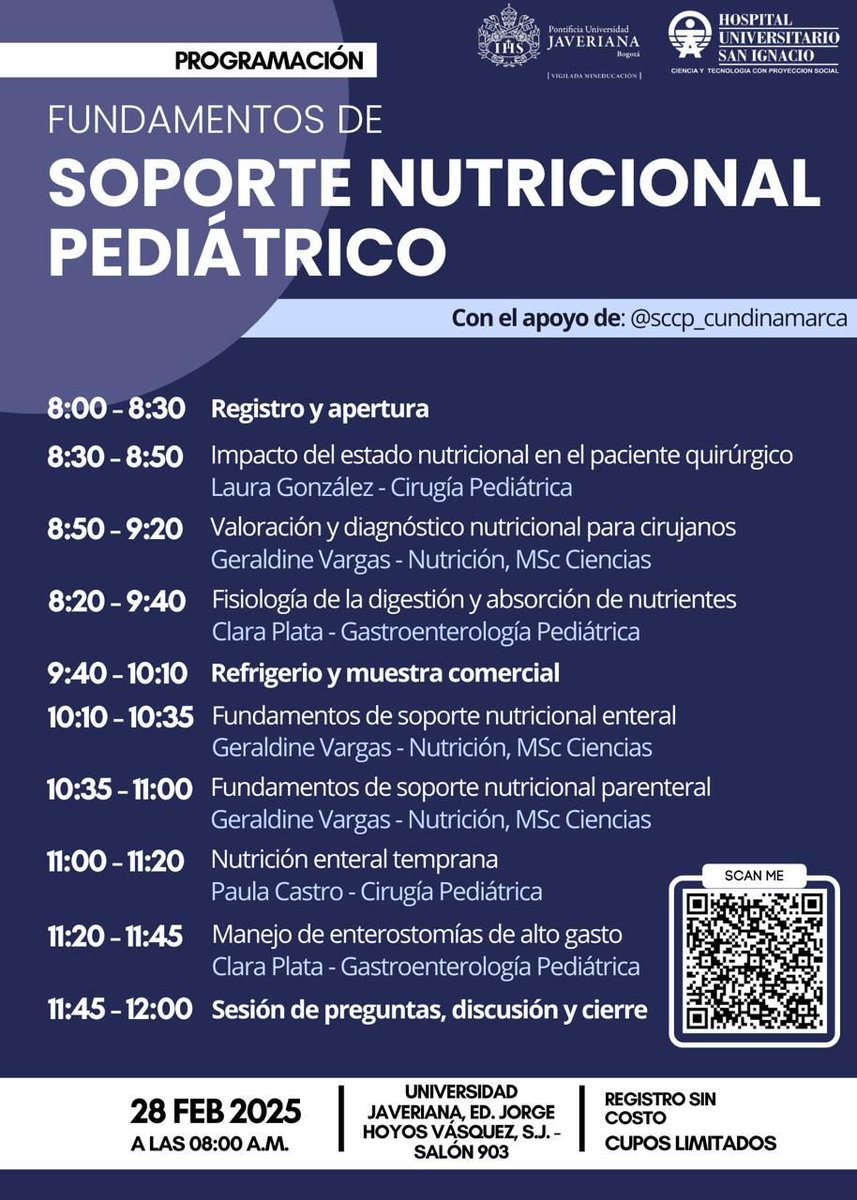 juaneseba's tweet photo. El viernes 28 de febrero en la Universidad Javeriana estaremos aprendiendo de Soporte Nutricional Pediátrico. Aunque dirigido a cirujanos pediatras, el contenido del curso es útil para otras especialidades y profesiones. 
#SoMe4PedSurg https://t.co/90HHLZPiSo