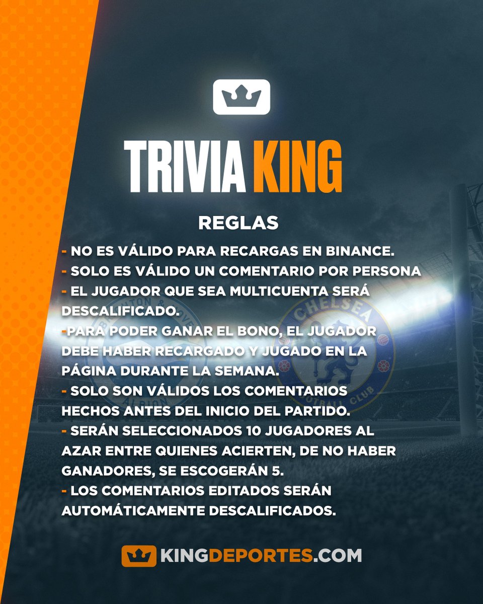 kingdeportes_ve's tweet photo. Llegó la #Triviaking de la #Premier

Para participar solo debes:
✅Seguirnos
✅Dar like
✅Compartir
✅Comenta tu pronóstico y usuario en KingDeportes (Solo un comentario)

🚩NO válido para recargas en binance
Partidos del día 14/02/25📅 https://t.co/5SK1dcxbdt
