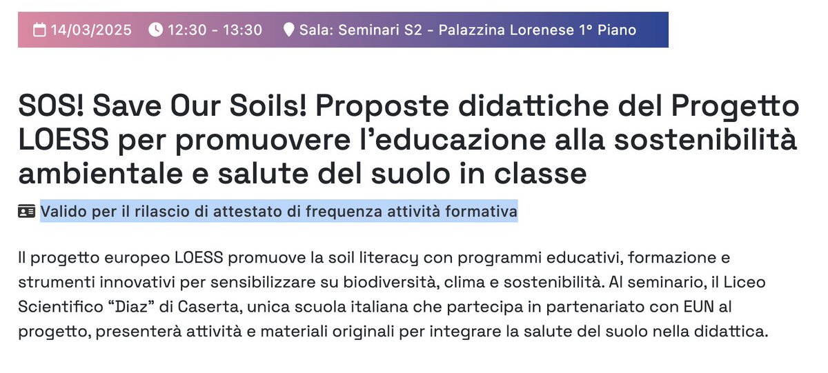 🌱 Didacta Firenze 2025: SOS! Save Our Soils! 🌍

📅 Il 14 marzo presenteremo il progetto LOESS a #Didacta2025! Scopri come portare l’educazione alla sostenibilità nella tua classe.

🔗 Iscriviti ora 👉 fieradidacta.indire.it/eventi_2025/so…