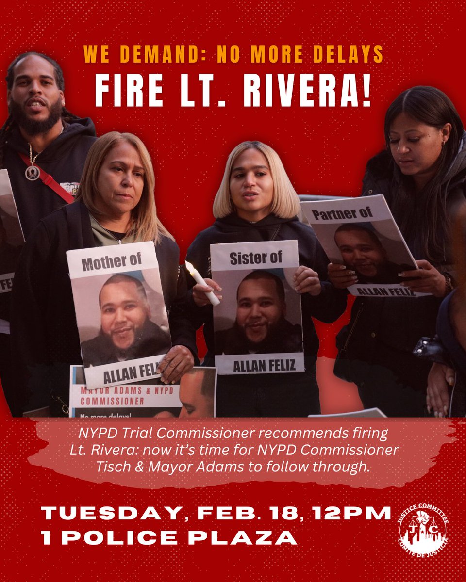 📢 Deputy Commissioner of Trials Maldonado finally saw through the NYPD’s lies: time for <a href="/NYPDPC/">Jessica S. Tisch</a> &amp; <a href="/NYCMayor/">Mayor Eric Adams</a> to listen to her recommendations and #FireJonathonRivera. Join us at One Police Plaza on Tues. Feb. 18 at noon to say NO MORE!