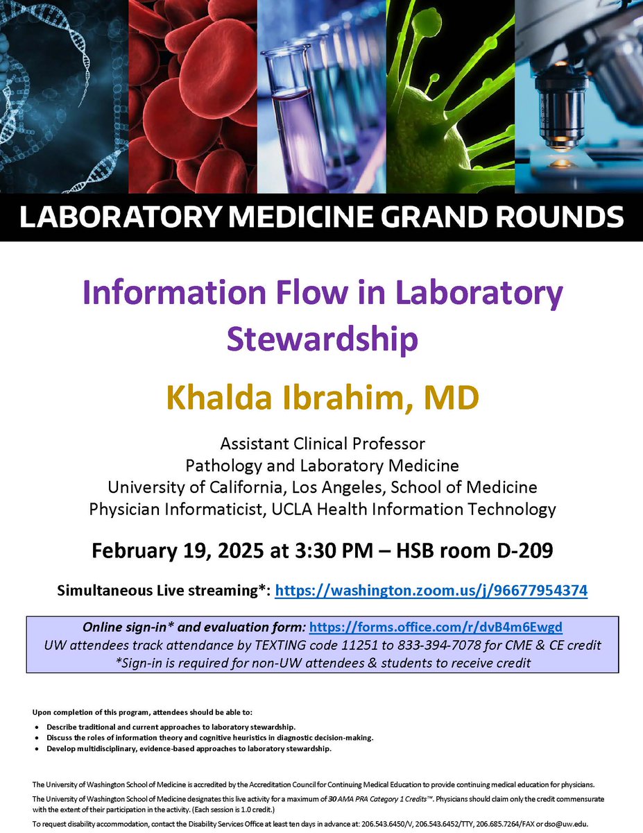 Join us for #laboratorymedicine #grandrounds "Information Flow in Laboratory Stewardship" on Wed, Feb 19th at 3:30pm PT  Learn more: dlmp.uw.edu/events?trumbaE………………… #MedEd #MedX
