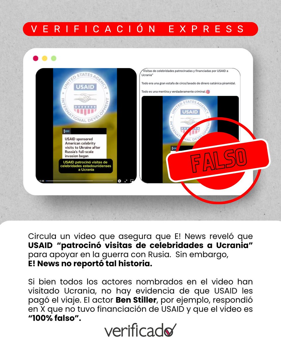 ⚡#VerificadoExpress
En redes aseguran que #USAID, patrocinó viajes de artistas a Ucrania 🇺🇦 para apoyar a dicho país en el conflicto armado contra Rusia
Sin embargo, no hay evidencia de que los viajes hayan sido financiados por la agencia norteamericana

#TeConvieneSaberMás🔎