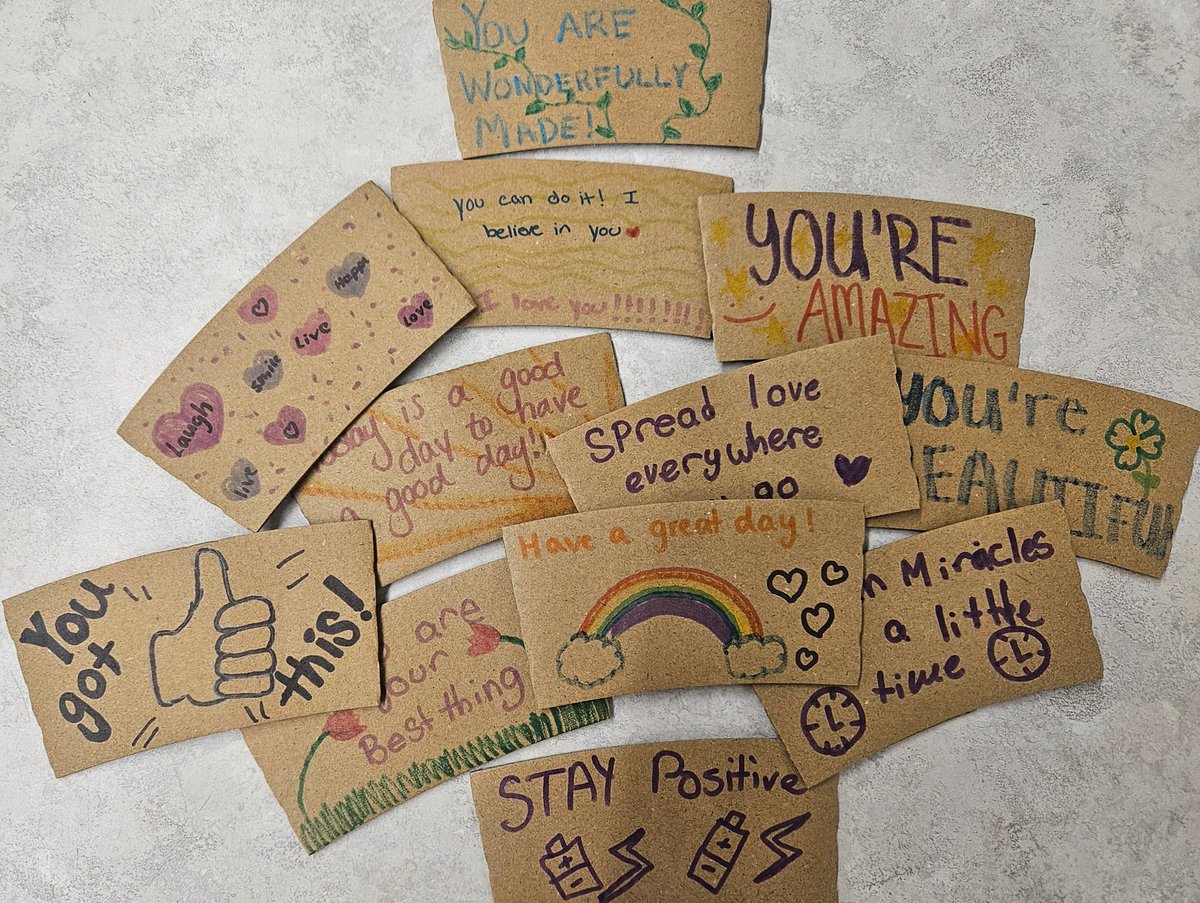 GHMSFCCLA's tweet photo. Head to LI Bagel Cafe in Nesconset tomorrow to have some positive vibes with your morning coffee! Coffee sleeves created by our FCCLA club in the spirit of PS I Love You Day! 
You are worthy. You are loved. A brighter tomorrow begins today! @SCSD_GMS https://t.co/7IV6fW000D
