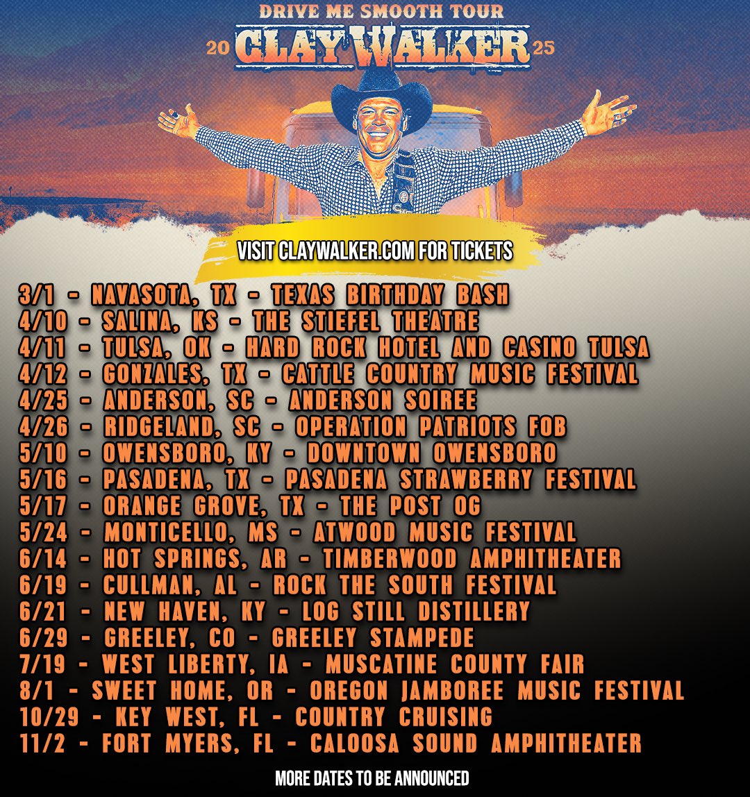 ClayWalker's tweet image. Ready to hit the road on the Drive Me Smooth Tour! New music, lots of tour dates, and the opportunity to engage the world’s greatest fans! See you there, get tickets now! #goingontour #countrymusic #country