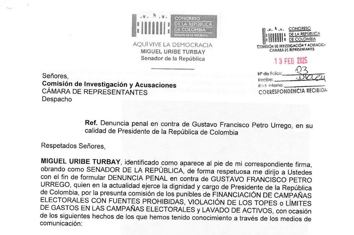 MiguelUribeT's tweet photo. He radicado oficialmente ante la Comisión de Investigaciones y Acusaciones denuncia penal en contra del Presidente @petrogustavo por financiación de campañas electorales con fuentes prohibidas, violación de topes y lavado de activos. 

El país ya le perdonó sus crímenes una vez, pero esta vez debe responder ante la justicia.