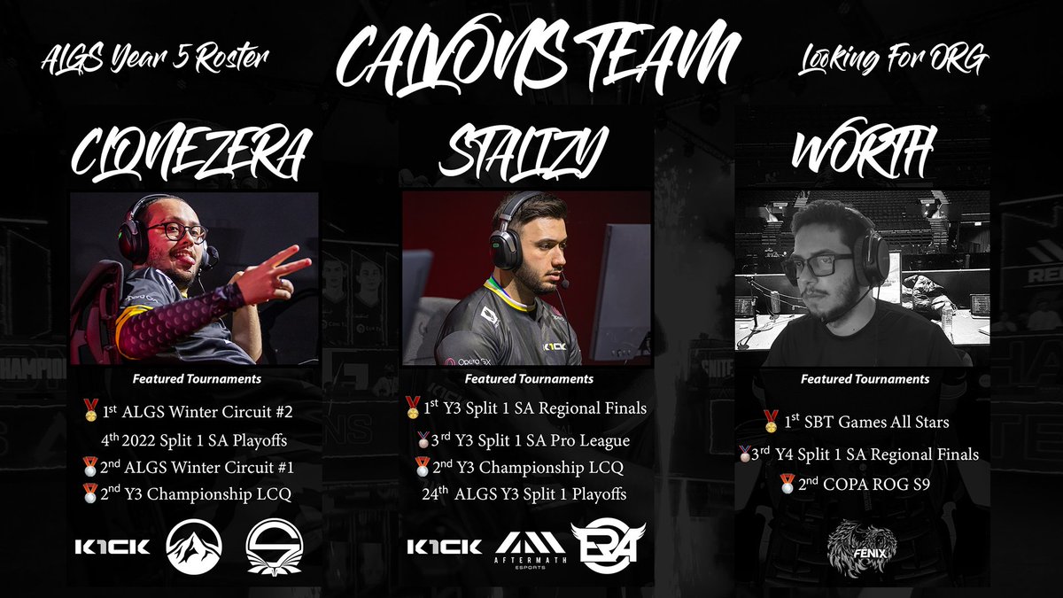 Will be competing on Americas alongside <a href="/CloNeZERAA/">CloNeZERA</a> and <a href="/iW0RTH/">iWORTH</a> .

We are looking for an organization to represent in ALGS Year 5. We do have to prove ourselves and we'll do it, starting on the 22nd. Feels excited for this new journey. 😡

Also looking for a Coach and a Sub for