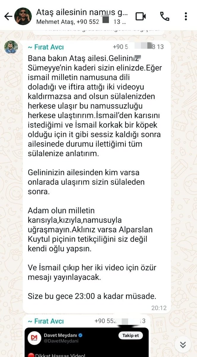 ismailatass's tweet photo. Değerli kardeşlerim! 
Sizlerle bir iki konu paylaşmak istiyorum. Lütfen dikkatle okuyun. Birkaç gün önce yayınlamış olduğum videoda ne söylediğim ne kastettiğim gayet açık bir şekilde belli olmasına rağmen bir kısmı maalesef namert düşmanlarımız tarafından çarpıtılıyor. Bu taktikler yeni değil. Yıllardır hocamıza aynısını yapıyorlar. Başarılı olamadılar ama uslanmadılar. Şimdi de aynı taktiği hareketimize, hareketimizin liderine ve ailesine yapılan saldırılara karşı çektiğim bir video üzerinden bana yapıyorlar. 
Aslında her şey açıklama yapmaya gerek duymayacak kadar açık ama mademki olay buralara kadar geldi çarpıtılan ve bana iftira atılan ilgili kısmı açıklayayım.
Videoda bir siyah gözlüklü, Furkan hareketine yeni bir operasyon yapmak için namus Şeref hassasiyeti olmayan birini arıyor. Aradığını da buluyor. Bu bulduğu kişiye bir ekip kuracağını söylüyor. Bu ekibe bir de küfürbaz vaize ekliyor. Vaizenin özelliklerini sayarken bu şeytana pabucunu ters giydirir hatta şeytan bile onun yaptıklarını hayretle izliyordur. Hem bunda hırsızlık yalancılık arşivcilik var. Bu sana öyle videolar öyle fikirler içerikler verir ki namussuzluğun şerefsizliğin oranınca kullan diyor. 
Ortalama bir zekaya sahip, psikolojik problemleri olmayan, namuslu şerefli herkes burada söylenenin küfürbaz vaizenin sana vereceği fikirleri, videoları artık arşivinden ne çıkarırsa ne verecekse verdiklerini namussuzluğun şerefsizliğin oranınca kullan denildiğini yani onun vereceği içerikleri kullan dediğimi görür. Ancak Fırat Avcı, “kullan” ifademi “Ebru Güler’i kullan” demişim gibi çarpıtmaktadır. Videoyu binlerce kişi izledi ama kimse böyle anlamadı. 

Fırat Avcı, yetmezmiş gibi Güler ailesini de kışkırtarak üzerime salmaya çalışıyor. Aslında burada Ebru'nun namusunu diline dolayan ve sürekli Ebru'nun namusuyla ilgili konuşulmasını sağlayan Fırat Avcı’nın ta kendisidir. Bunu daha önceden de yapmıştı. Şimdi farklı bir versiyonla devam ettiriyor. Fırat Avcı, fitneci Güler ailesini adeta elinde oyuncak etmiş, parmağında oynatıyor. Hem onların namusuyla ilgili konuşuyor hem de biz onların namusuyla ilgili konuşmuşuz gibi göstermeye çalışarak bize iftira atıyor ve böylelikle fitne ateşini harlamaya devam ediyor. 

Ayrıca çektiğim videodan dolayı şahsıma ve aileme yönelik tehditler ve ağır tahrikler devam ediyor. Ben ve ailem dile getirmekten dahi haya ettiğim şekilde tahriklere maruz kaldık. Ama ben ve dava kardeşlerim ona malzeme vermeden “namussuz, alçak, şerefsiz, haysiyetsiz, köpek” gibi hakaret kelimelerini kullanmadan cevap vereceğiz. Hiçbir arkadaşımız hakaret kelimeleri kullanmasın ve haklı iken haksız duruma düşmesin.

Sizlerle onun bana yazdıklarını paylaşıyorum. Mesajlarına baktığınızda bu şahsın ahlak seviyesini ve ne kadar terbiyesiz olduğunu açıkça göreceksiniz.