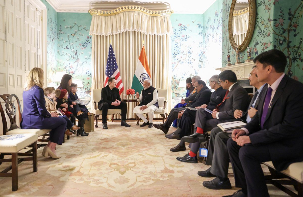 Fascinating meeting: Modi with his entire foreign policy team (including the External Affairs Minister), while Elon Musk shows up with his kids.
Wonder what the men in suits are thinking?