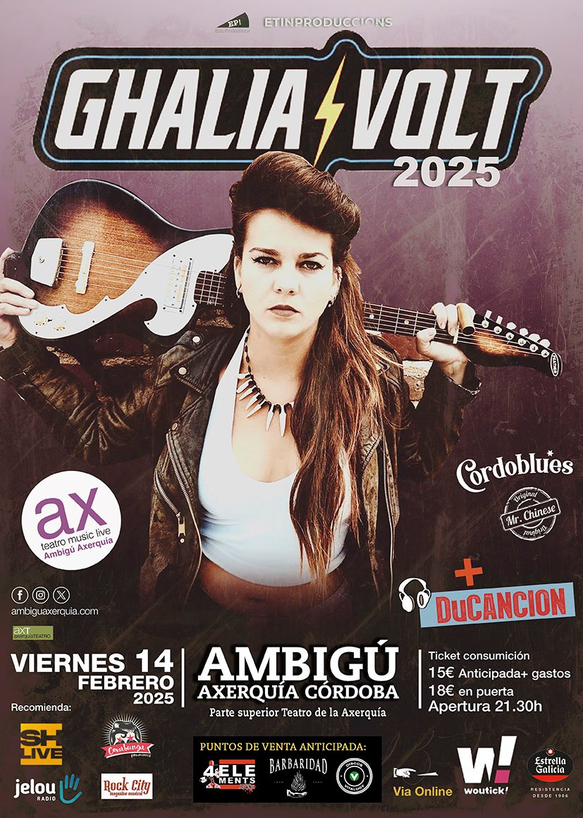 woutick.com/es/entradas/gh… 
GHALIA VOLT SPAIN FEBRERO 2025
VIERNES 14 FEBRERO 2025
Apertura a las 21.30h
guitarrista de origen belga, que transita por USA tanto físicamente como por su sonido
<a href="/IMAECordoba/">IMAEcordoba</a>  
<a href="/CordobaBlues/">Blues @ Cordoba</a>