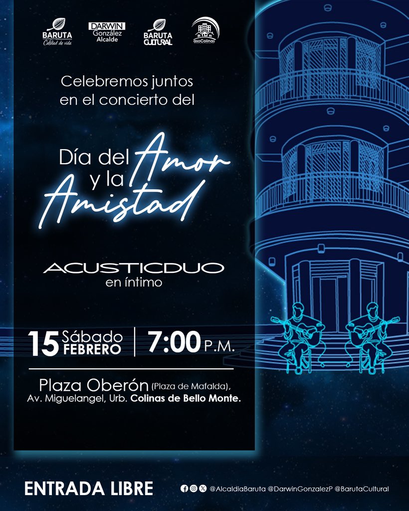 ¡Celebremos el día del #Amor y la #Amistad juntos en un gran concierto!

El talentoso dúo #AcusticDúo nos regalará una noche inolvidable en 📍 la Plaza de los Chorritos de #ColinasDeBelloMonte.🥳

🗓️ Sábado #15feb
⏰ 7:00 PM
🎟️ Entrada completamente gratuita

¡Los esperamos!🍃