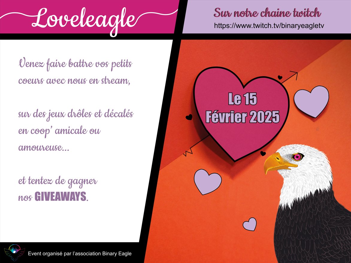 BinaryEagle's tweet photo. Binary Eagle est ravie de vous annoncer le grand retour du Loveleagle ! Cupidon troque ses flèches pour des manettes le 15 février 2025 à 18h !
Alors, préparez thés, cafés ou chocolats à la guimauve et rejoignez-nous pour partager cette belle soirée !
https://t.co/yFQahx3Oj0 https://t.co/oqyOH35CYY