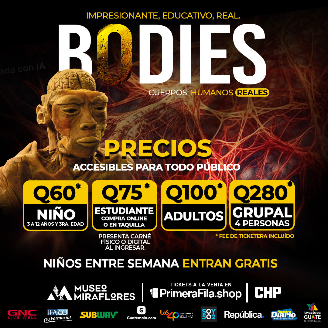 ¡Prepárate para vivir una experiencia educativa única! 
La exhibición más impresionante sobre cuerpos humanos reales llega a Guatemala el 21 de febrero.

📍Ubicación: Museo Miraflores -  <a href="/MuseoMiraflores/">Museo Miraflores</a> 
🗓️ Desde el 21 de febrero.
📲 Entradas ya a la venta en