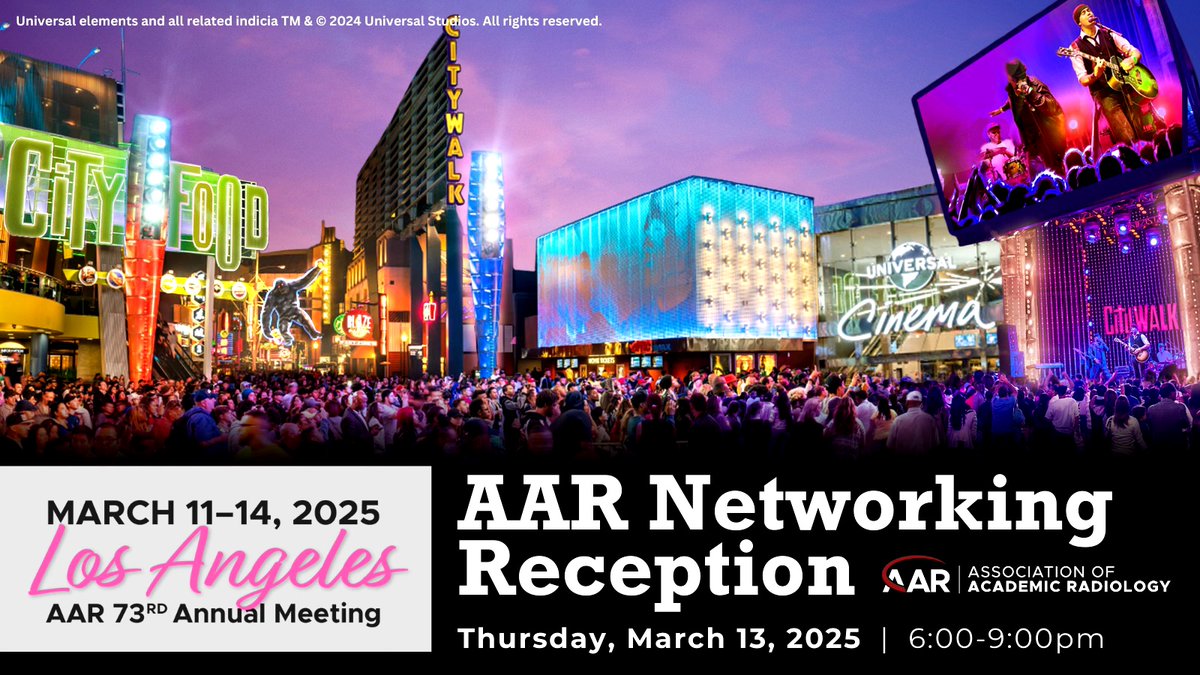 AAR (@aaradiol) on Twitter photo Attend the #AARad Networking Reception at Universal Studios Hollywood on Thursday, March 13, from 6-9PM!
$45* per person (*Residents + students are complementary - contact info@aarad.org for more info)
aarad.memberclicks.net/annual-meeting
#radiology #RadEd #MedEd Attend the #AARad Networking Reception at Universal Studios Hollywood on Thursday, March 13, from 6-9PM!
$45* per person (*Residents + students are complementary - contact info@aarad.org for more info)
aarad.memberclicks.net/annual-meeting
#radiology #RadEd #MedEd