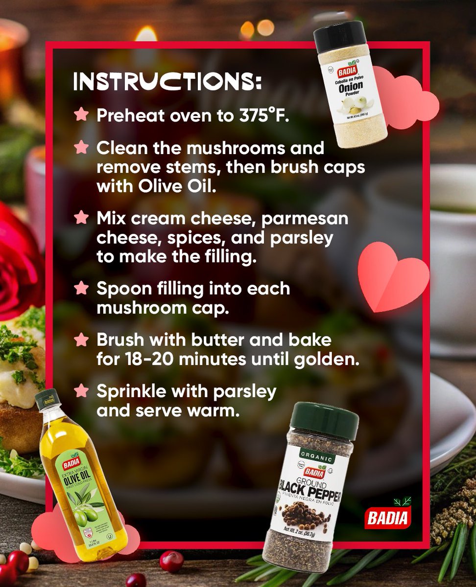 This #ValentinesDay, set the mood with Garlic &amp; Herb Stuffed Mushrooms—flavored to perfection with Badia #CompleteSeasoning, Granulated Garlic, Onion Powder, and Black Pepper. 🌿

🛒 Shop Badia products from this recipe: bodega.badiaspices.com/shop

#BadiaSpices #ValentinesDayRecipes