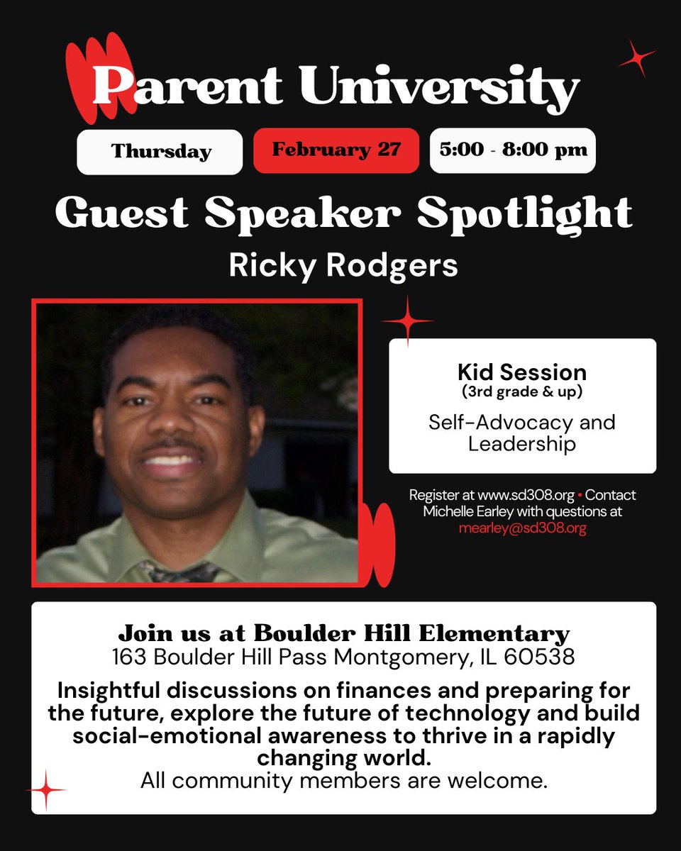 Parent University Guest Speaker Spotlight
Register here: link.sd308.net/ParentUniversi…

Thank you, Dr. Mario Guzmán Sescosse and Ricky Rodgers for providing free informational sessions for community members at Boulder Hill Elementary on Thursday, February 27.