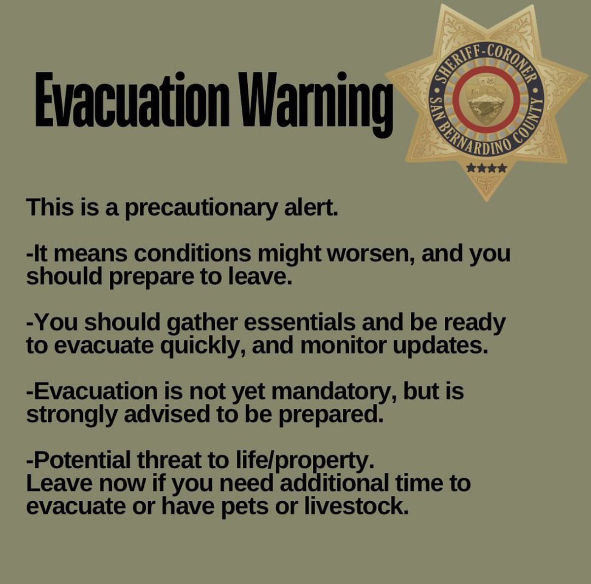sbcountysheriff's tweet photo. Understanding the distinction between an Evacuation Warning and an Evacuation Order is crucial for your safety:

Evacuation Warning: Indicates a potential threat to life or property. Residents should prepare to evacuate, as conditions may escalate rapidly.  

Evacuation Order: Signifies an immediate threat to life. Residents must evacuate immediately to ensure their safety.  

Being aware of these distinctions can save lives. Always take warnings seriously and be ready to act. Your preparedness can make all the difference.