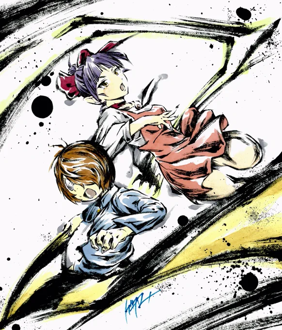 墨絵「鬼太郎 と ねこ娘」#ゲゲゲの謎 #ゲゲゲの鬼太郎 #墨絵 