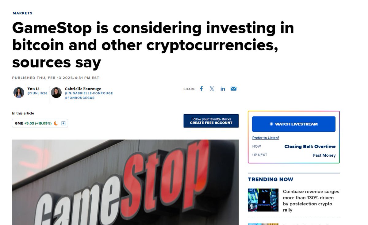 ReesePolitics's tweet image. BREAKING $GME CONSIDERING INVESTING IN $BTC AND CRYPTO: CNBC REPORTS