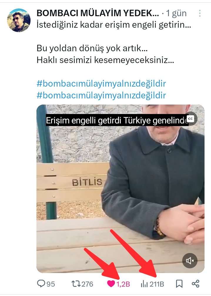 BOMBACI MÜLAYİM (Vedat KILIÇEL) (@bombaciyedek) on Twitter photo Emniyet Genel Müdürü <a href="/mahmutdemirttas/">Mahmut Demirtaş</a> İçişleri Bakanı <a href="/AliYerlikaya/">Ali Yerlikaya</a>...
Hesabıma istediğiniz kadar erişim engeli getirin...
Bakın yedek hesabımla 211 bin kişiye ulaşabiliyorum...
Her türlü tezgahı kurdunuz, her türlü oyunu çevirdiniz, cezaevine attınız, meslekten ihraç ettiniz Emniyet Genel Müdürü <a href="/mahmutdemirttas/">Mahmut Demirtaş</a> İçişleri Bakanı <a href="/AliYerlikaya/">Ali Yerlikaya</a>...
Hesabıma istediğiniz kadar erişim engeli getirin...
Bakın yedek hesabımla 211 bin kişiye ulaşabiliyorum...
Her türlü tezgahı kurdunuz, her türlü oyunu çevirdiniz, cezaevine attınız, meslekten ihraç ettiniz