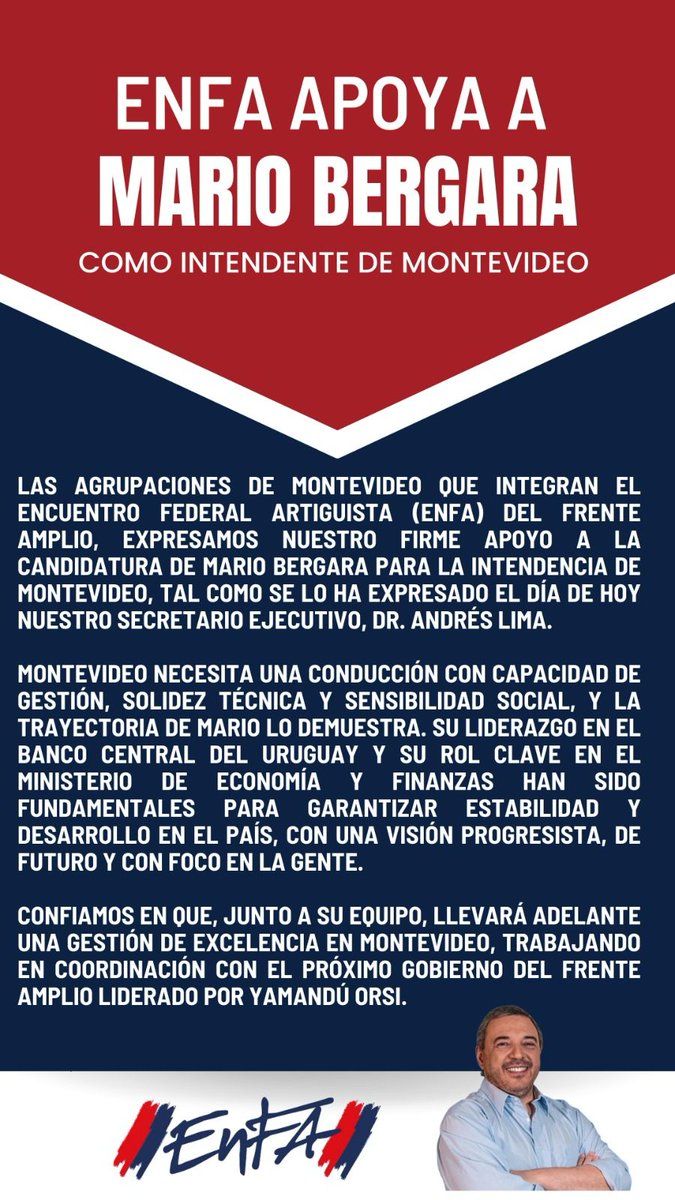 Desde el #EnFA apoyamos al compañero <a href="/Mario_Bergara/">Mario Bergara</a> como Candidato a Intendente de MONTEVIDEO. El <a href="/Frente_Amplio/">Frente Amplio</a> volverá a ser gobierno  y con Mario habrá un nuevo impulso hacia los desafíos del Siglo XXI.