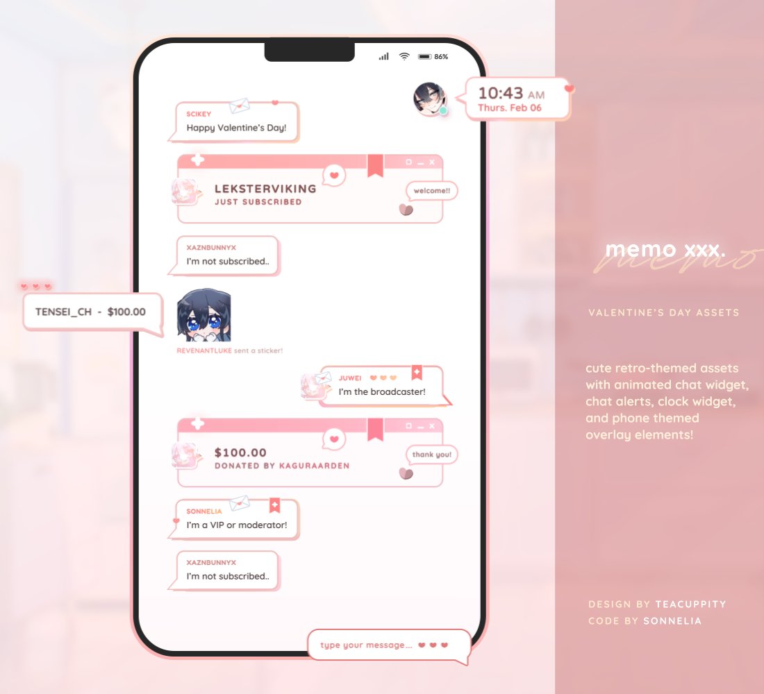 【　𝗠𝗲𝗺𝗼 𝘅𝘅.　】  ✦
Valentine's Day  ⋮  Chat Widget  ⋮  Clock Widget

💌  —  Tastefully retro-themed overlay set with cute animated bubbles, letters and hearts. Includes a hue slider to conveniently change the colours! 

link to purchase ⤵︎