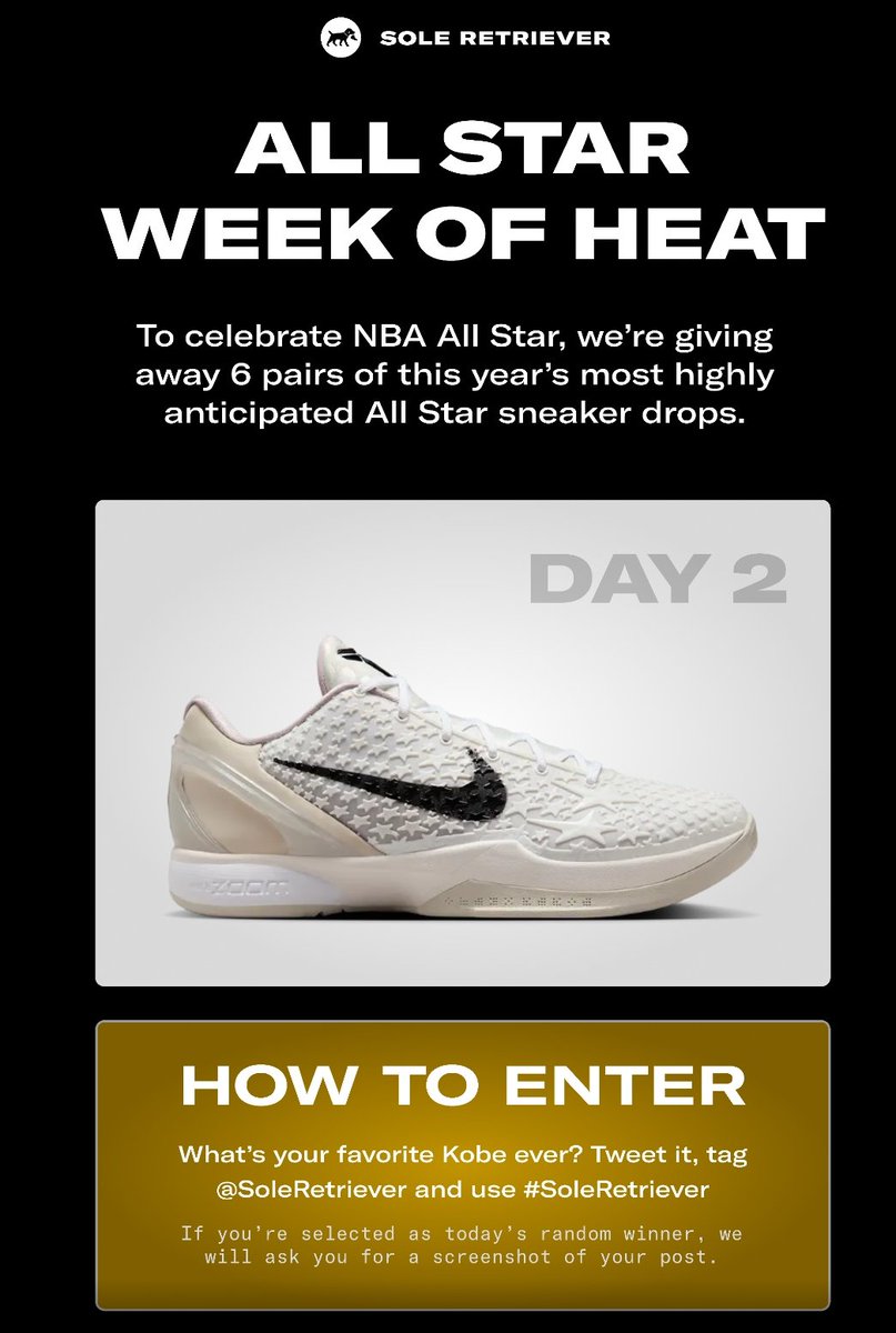 JosiahMarcus's tweet photo. @SoleRetriever #SoleRetriever

Sign up for Sole Retriever and enter to win the Kobe VI Protro "All-star". https://t.co/zlEdXd1D7E