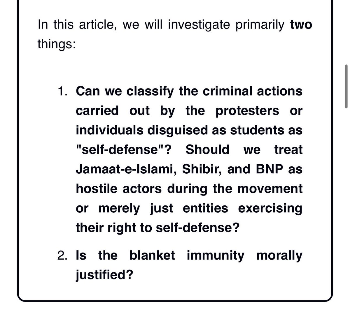 ShahAdaanU's tweet photo. 6/ 12

Then, let’s investigate 2 things: 

1. Can we classify the criminal actions carried out by the protesters or individuals disguised as students as "self-defense"? 

Should we treat Jamaat-e-Islami, Shibir, and BNP as hostile actors during the movement or merely just entities exercising their right to self-defense?

2. Is the blanket immunity morally justified?