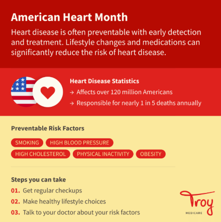 TroyMedicare's tweet photo. Heart disease is the leading cause of death in the U.S. Know your risk and protect your heart!
Follow these steps to help prevent heart disease!

Call our Care Management Team at 910-878-2730 for more info! We’re available Monday-Friday, 9am-5pm.

Sources: NIH, NHLBI; CDC https://t.co/i3wSLB19G3