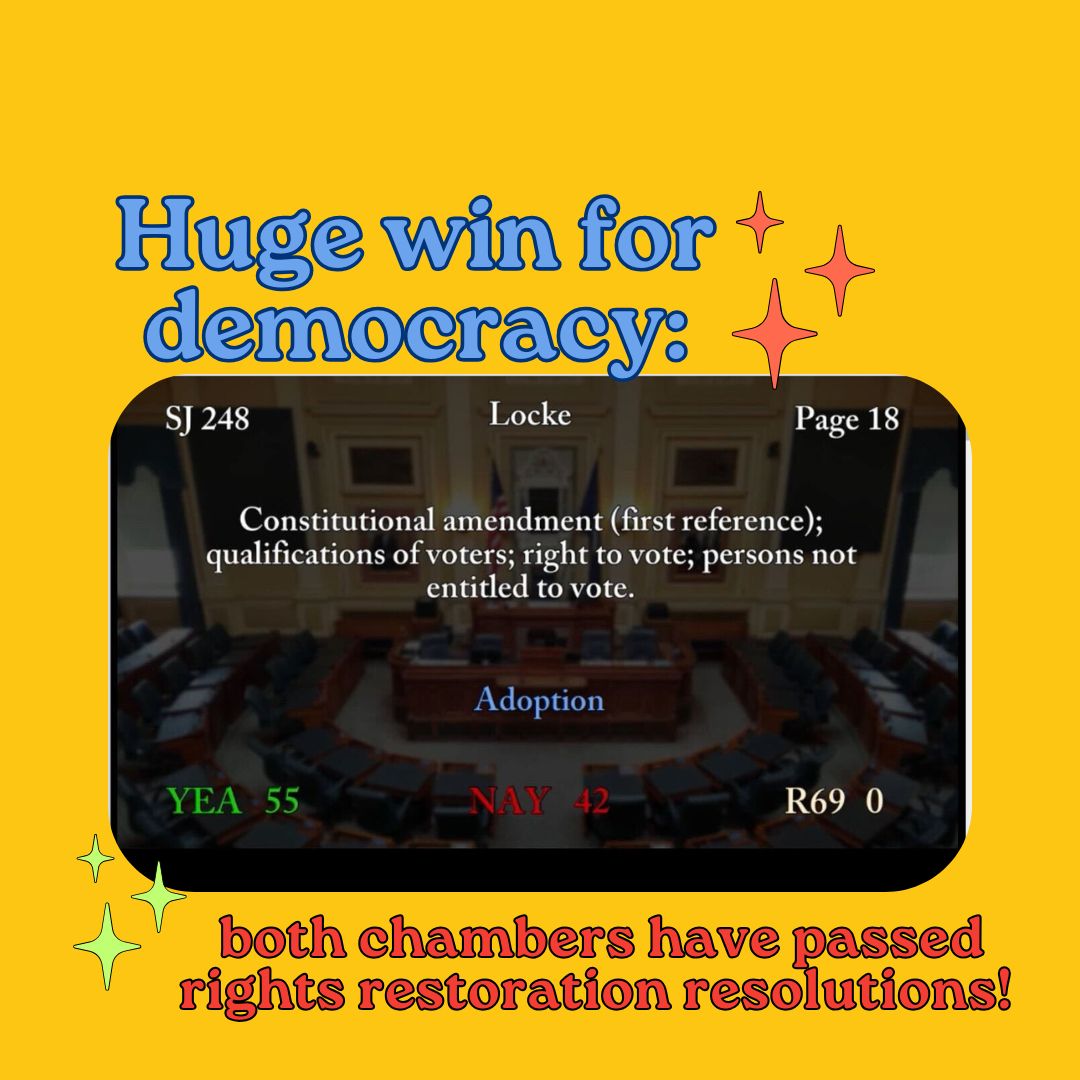 Big win for democracy!✊ Both chambers have passed resolutions to secure automatic rights restoration in Virginia 🫶👥 We look forward to working to get this issue on the ballot in 2026 and ending a huge source of disenfranchisement once and for all 🎉‼️