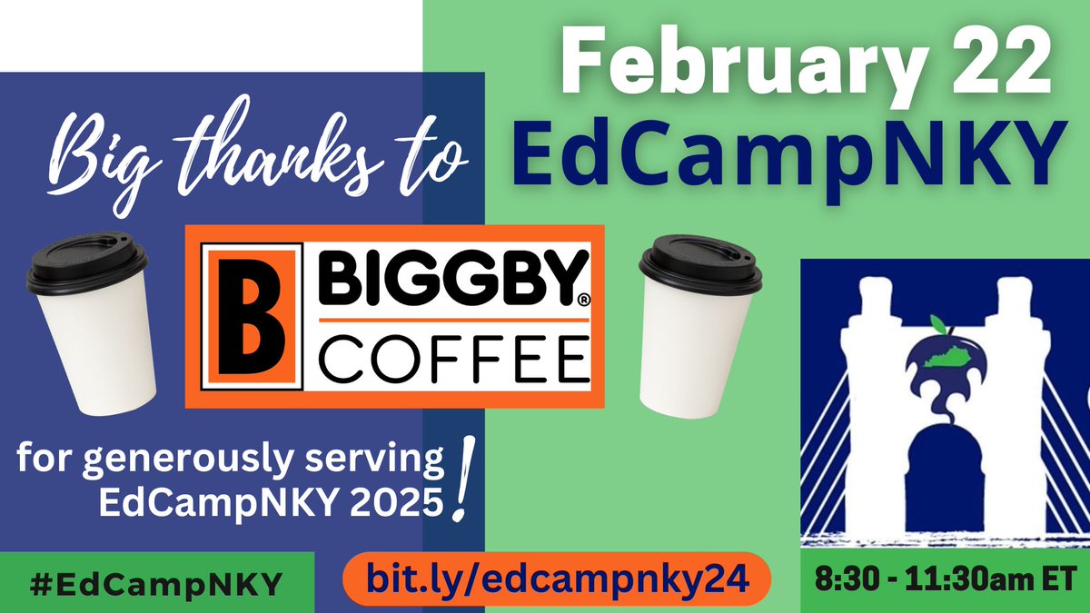EdCampNKY's tweet photo. Big thanks to @KentuckyBIGGBY for providing the caffeine for #EdCampNKY!!

If you want to sip a cup of coffee and network with other #NKY educators, register now for your #FREE ticket! 

🗓️February 22, 2025
🕣8:30-11:30am ET
🏫Ignite Institute, Erlanger
🎟️https://t.co/EHPckrG1JQ https://t.co/L9fM2KuW6s