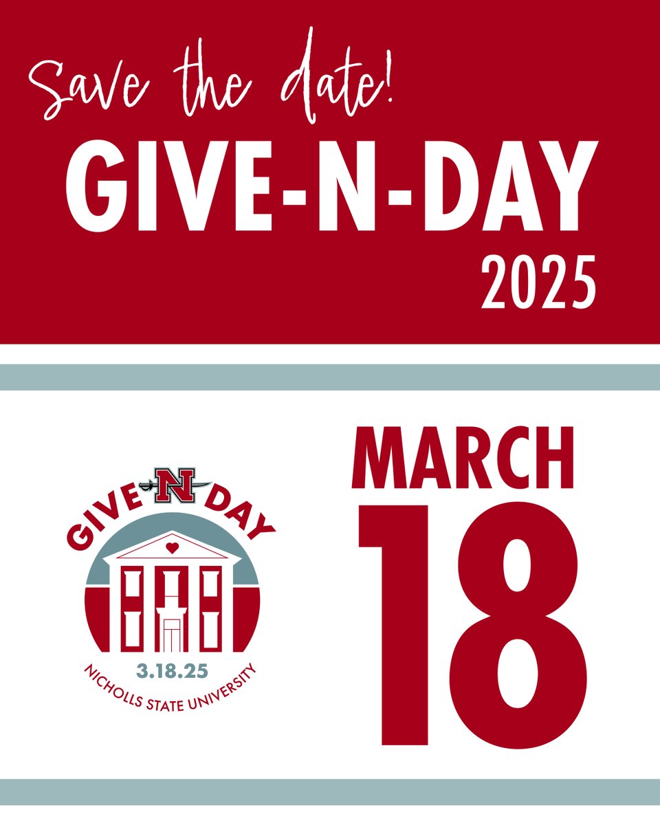 Save the date for the 8th Annual #GiveNDay happening March 18, 2025. If you or someone you know is interested in sponsoring or setting up a challenge gift please contact Jeremy Becker at jeremy.becker@nicholls.edu