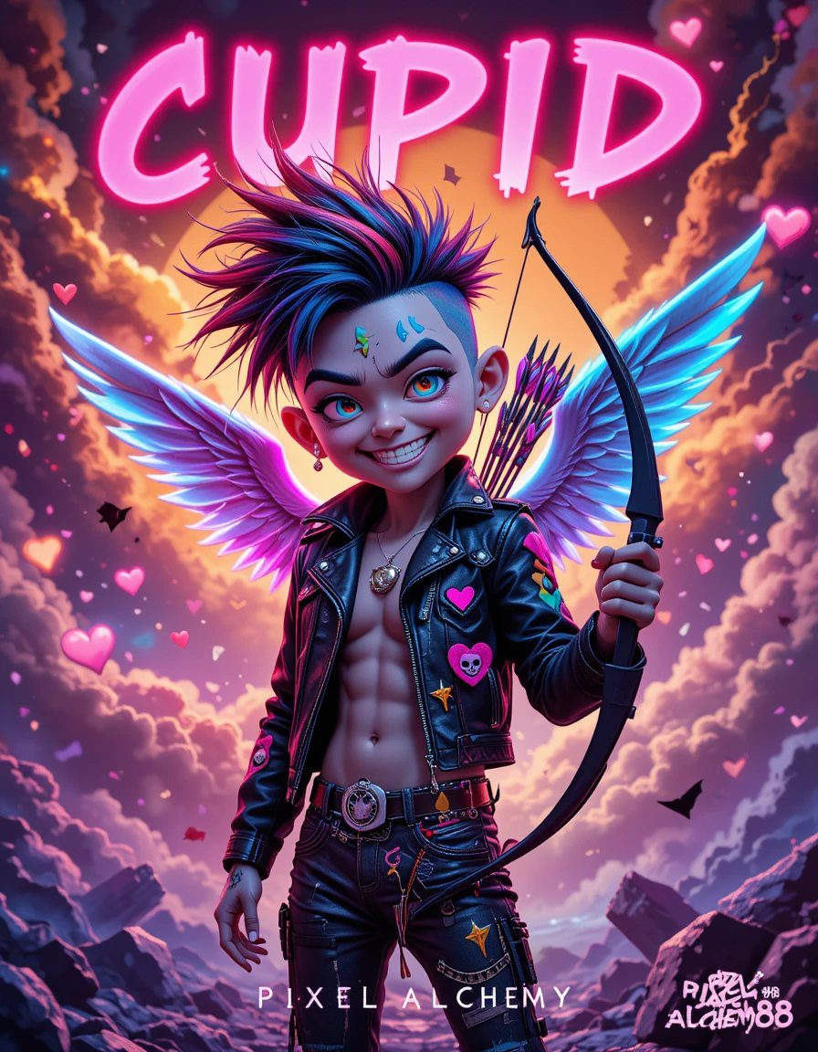 pixelalchemy88's tweet photo. @Heartwords3 @L4STD4ZE ❤️🔥💘 Love just got louder: A neon-arrow-slinging Cupid with a mohawk, combat boots, and a smirk that says, 'Heartbreak or headbang?' 🎤❤️ #PixelAlchemy88 #CupidChallenge https://t.co/We4Y7k5Lj7