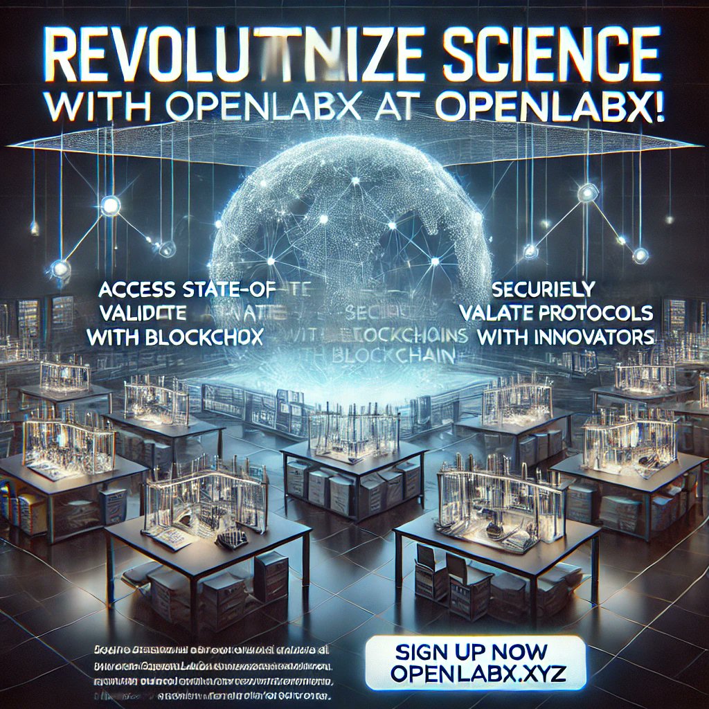 OpenLabX_xyz's tweet image. 🚀 Revolutionize Science with OpenLabX! 🔬

Researchers &amp;amp; innovators, access top labs, validate protocols on blockchain &amp;amp; collaborate globally! 🌍

✅ Advanced labs ✅ Blockchain security ✅ Global network
👉 Sign up now: openlabx.xyz/#signup
#DeSci #Blockchain  #Innovation