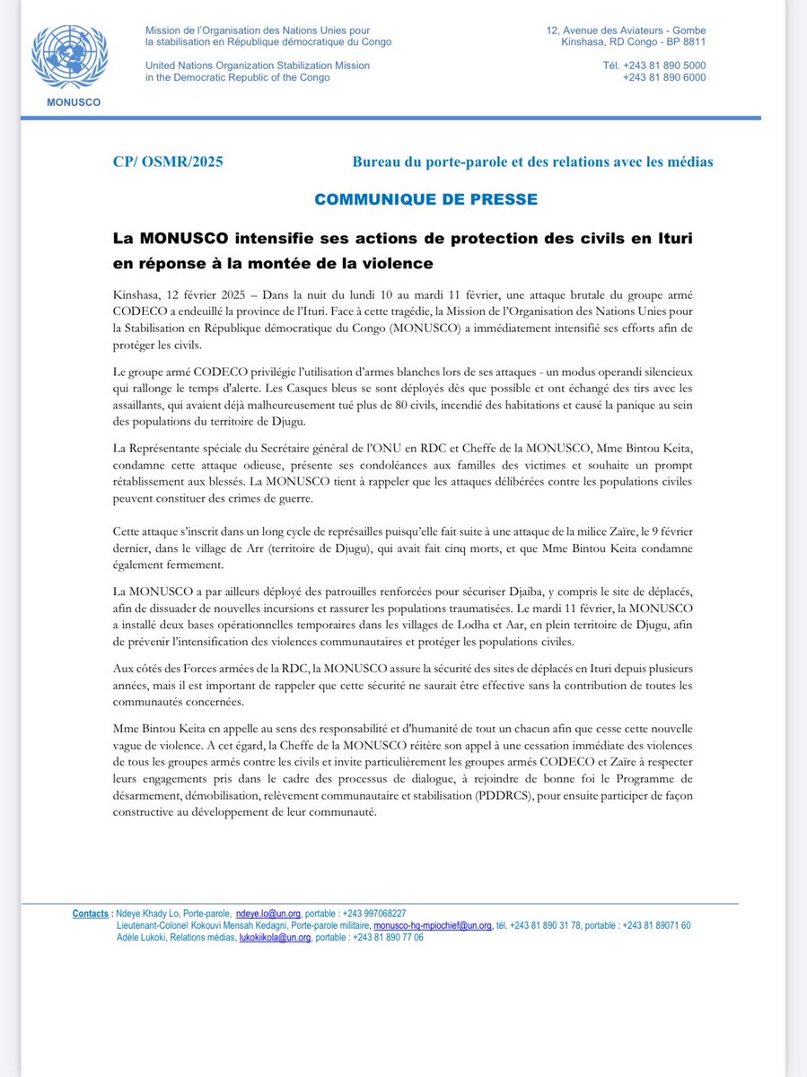 StanysBujakera's tweet photo. #RDC: « 80 civils tués dans le territoire de Djugu dans la nuit du 10 au 11 février », (MONUSCO) https://t.co/eOtxCNrDFr