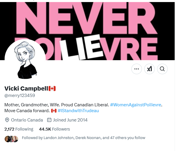 🧵My top-10 list of brain-dead Liberal accounts on X.  

Most of these are likely partially funded by Katie Telford and/or Gerald Butts.  Some of these folks truly live rent-free in Pierre's head.  

In no particular order.

#1 Vicky Campbell.

1/