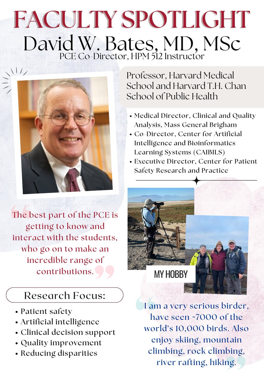 Program in Clinical Effectiveness (@progclineffect) on Twitter photo 🌟 Meet one of our PCE Co-Directors, <a href="/DBatesSafety/">David Bates</a> Bates.
Outside of teaching HPM 512 <a href="/HarvardChanSPH/">Harvard T.H. Chan School of Public Health</a> , David has a huge passion for birds! 🦜
To be part of David's class, be sure to apply by February 15th!!!
lnkd.in/djyf9NEV 🌟 Meet one of our PCE Co-Directors, <a href="/DBatesSafety/">David Bates</a> Bates.
Outside of teaching HPM 512 <a href="/HarvardChanSPH/">Harvard T.H. Chan School of Public Health</a> , David has a huge passion for birds! 🦜
To be part of David's class, be sure to apply by February 15th!!!
lnkd.in/djyf9NEV
