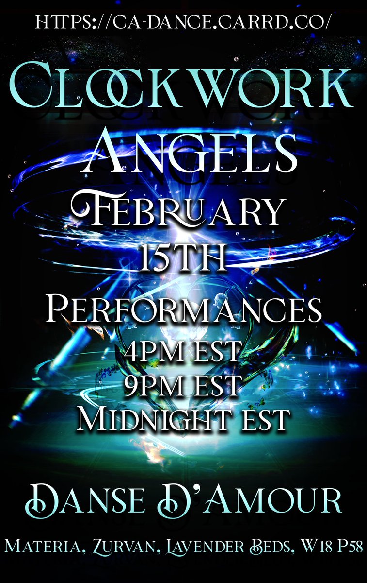 SolaraLeocor's tweet photo. SATURDAY!!! FEBRUARY 15TH!!

Join Clockwork Angels on MATERIA for a beautiful night of dancing and love as we present:

💞 𝒟𝒶𝓃𝓈𝑒 𝒹'𝒜𝓂𝑜𝓊𝓇 💞

SHOWTIMES
4 pm, 9 pm, and Midnight EST
Materia, Zurvan, Lavender Beds, W18 P58

#FFXIV #macrodance https://t.co/xvcVLbJig5