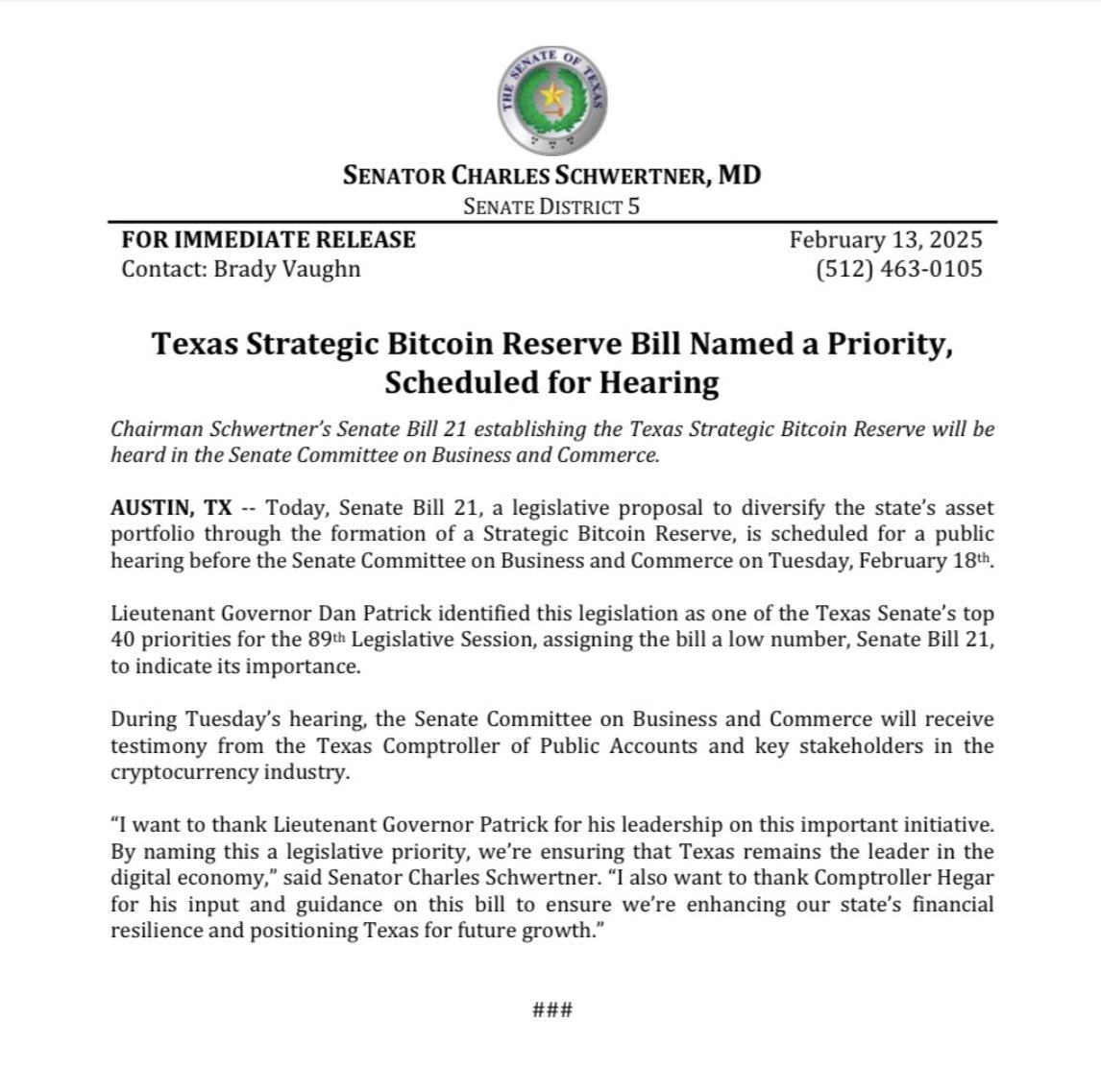 Dennis Porter (@dennis_porter_) on Twitter photo BREAKING: The ‘Strategic Bitcoin Reserve’ bill in Texas has received a hearing date on February 18th - Thank you to <a href="/LtGovTX/">Office of the Lieutenant Governor Dan Patrick</a> for making this bill a priority. BREAKING: The ‘Strategic Bitcoin Reserve’ bill in Texas has received a hearing date on February 18th - Thank you to <a href="/LtGovTX/">Office of the Lieutenant Governor Dan Patrick</a> for making this bill a priority.