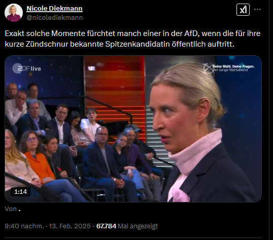 *

Dieser Dame "Nicole Diekmann" kann man leider nicht antworten !

Das Format ist ja eine Schmierenkomödie !

*x.com/nicolediekmann…