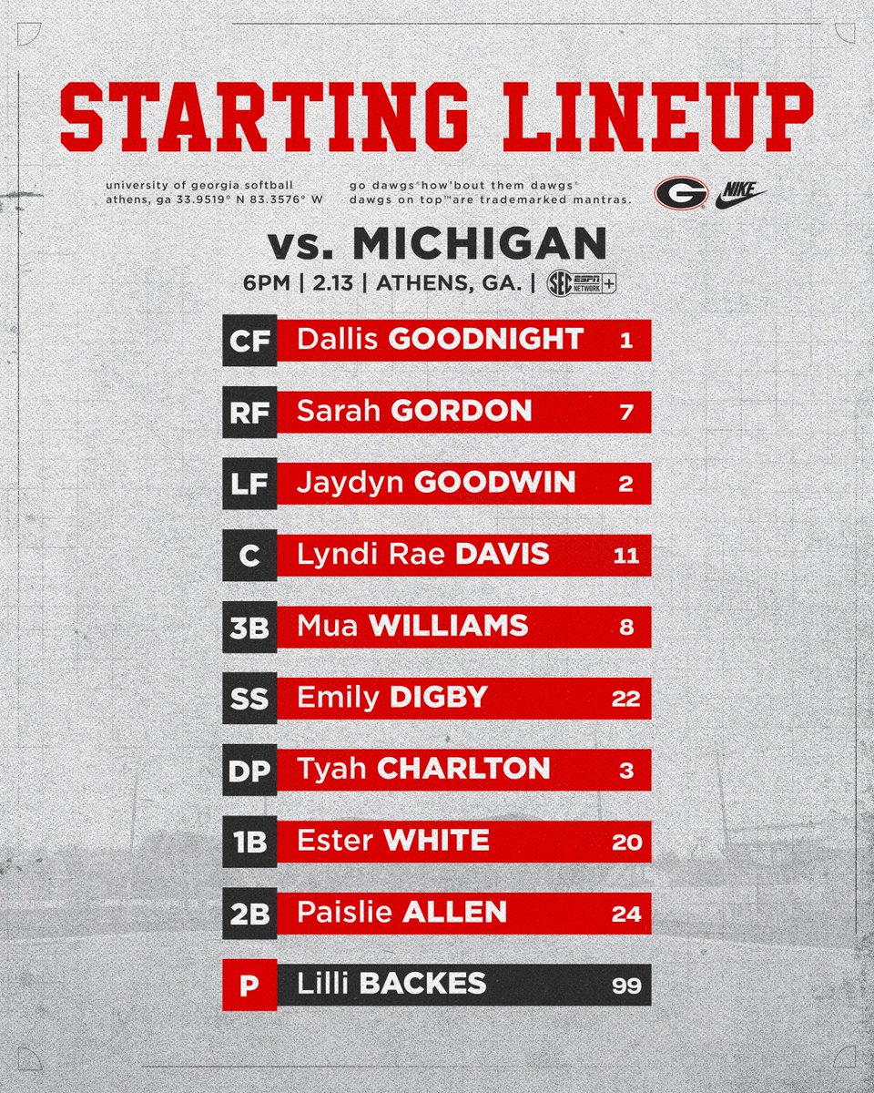 Check out the first home lineup of the season 👀 

🆚 Michigan
🕦 6 p.m. 
📍 Jack Turner Stadium
🎟️ gado.gs/cjz
ℹ️ Know Before You Go: gado.gs/bjt

Game Day links: 
📱📊 linktr.ee/ugasoftball (SECN+)

#Team29 | #GoDawgs