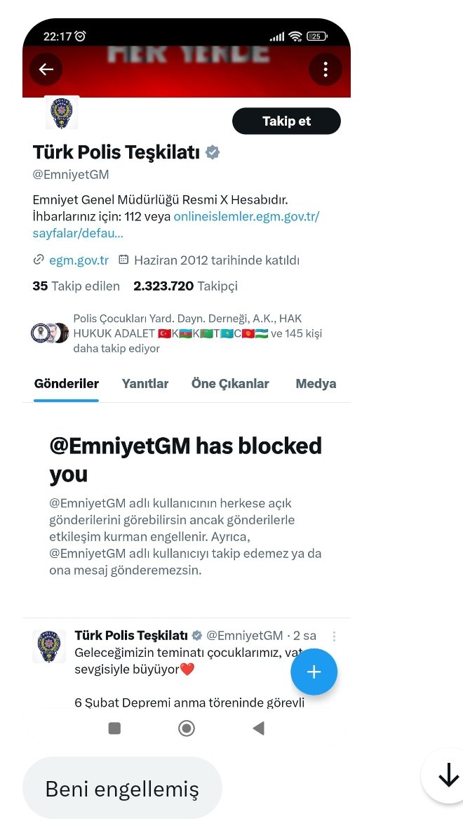 BOMBACI MÜLAYİM (Vedat KILIÇEL) (@bombaciyedek) on Twitter photo <a href="/EmniyetGM/">Türk Polis Teşkilatı</a> Vatandaş hakaret etmemiş, küfür etmemiş...
Buna rağmen devletin bir kurumunun vatandaşı engellemesi olacak iş mi...
Sanırım iyiden iyiye kimyanız ve ruh sağlığınız bozulmuş...
Bu yüzden ivedilikle silahınıza el konulup psikolojik muayeneye sevk edilmeniz <a href="/EmniyetGM/">Türk Polis Teşkilatı</a> Vatandaş hakaret etmemiş, küfür etmemiş...
Buna rağmen devletin bir kurumunun vatandaşı engellemesi olacak iş mi...
Sanırım iyiden iyiye kimyanız ve ruh sağlığınız bozulmuş...
Bu yüzden ivedilikle silahınıza el konulup psikolojik muayeneye sevk edilmeniz