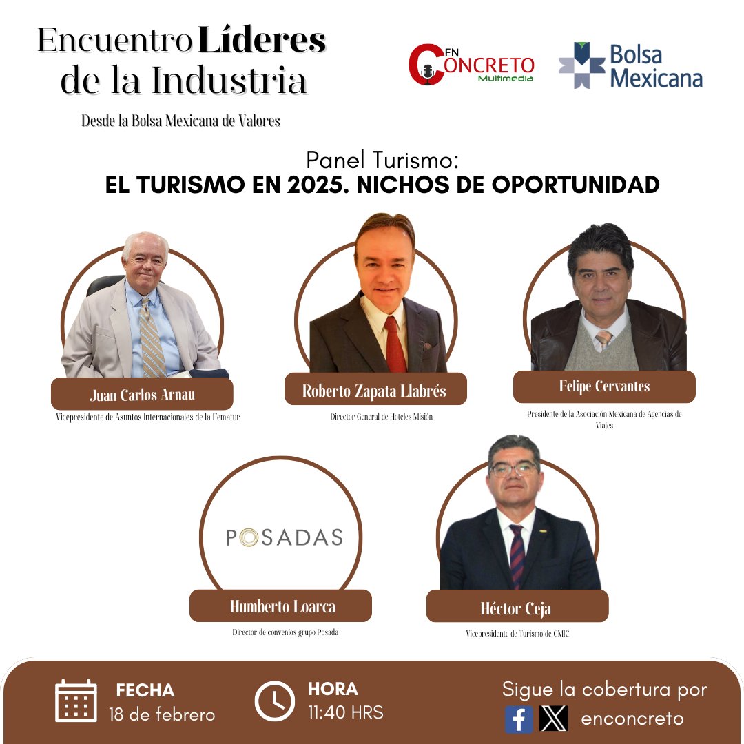 👌Ya sólo faltan 2⃣ días para el #EncuentroLíderes de la industria. Sigue de cerca el Panel #Turismo: El Turismo en 2025. Nichos de oportunidad⏰11:40 hrs.
 
Modera:  <a href="/CarlosArnau/">Juan Carlos Arnau</a> , Vicepresidente de Asuntos Internacionales <a href="/FematurOficial/">Federación Mexicana de Asociaciones Turísticas</a>
 
🔹Roberto Zapata Llabrés, Director