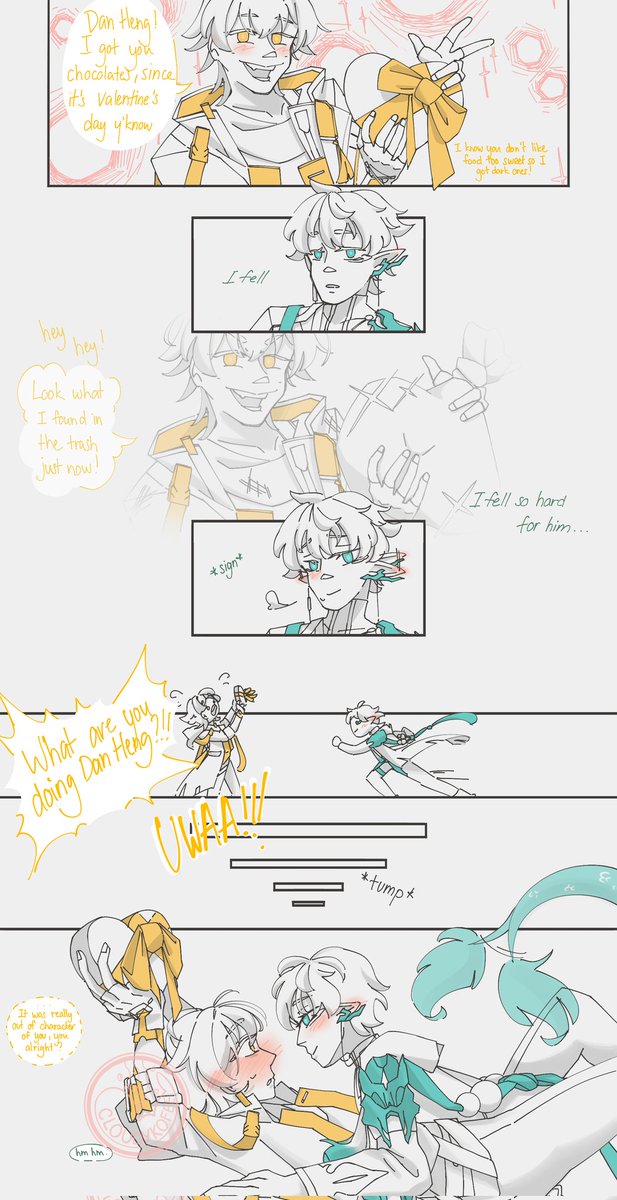 cloudykofee's tweet image. The two dorks eating my brain but make it a comic special Valentine's day
#caelus #danheng #dancae