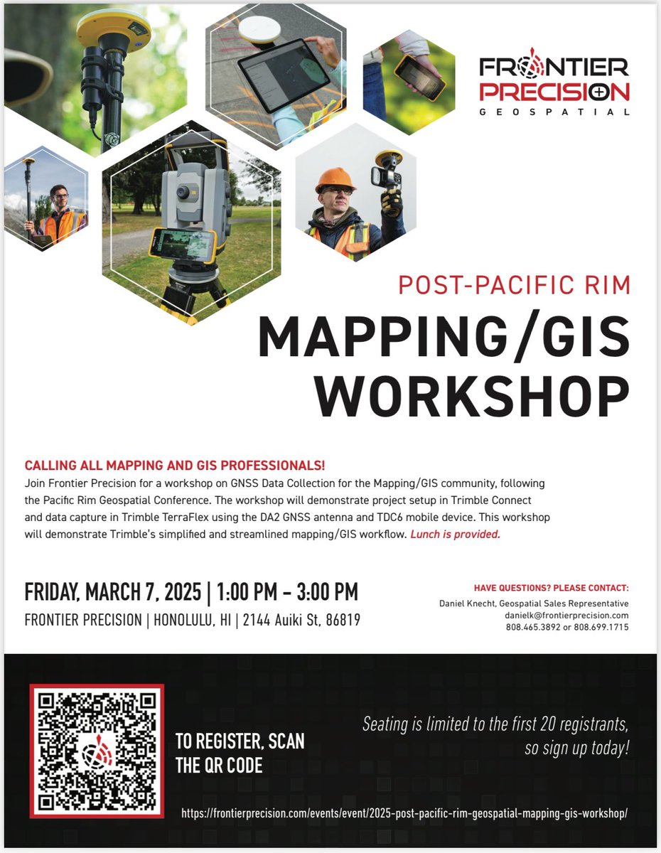 If you haven’t signed up for the 2025 Pacific Rim Geospatial Conference, this is a friendly reminder to please do so at: pacificrimgeospatial.com

Frontier Precision will be hosting workshops on Friday, March 7,2025, the day after our 2-day conference. Spaces are limited.