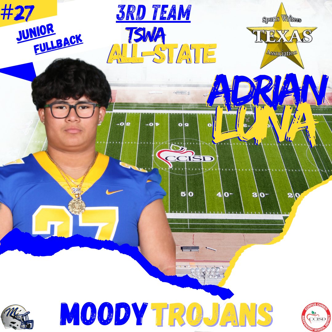 Huge Congrats to Junior Fullback Adrian Luna on earning 3rd Team All-State honors from the Texas Sport Writers Association!
<a href="/AdrianLJ_27/">Adrian Luna</a>
#TrojanPride🔵🟡