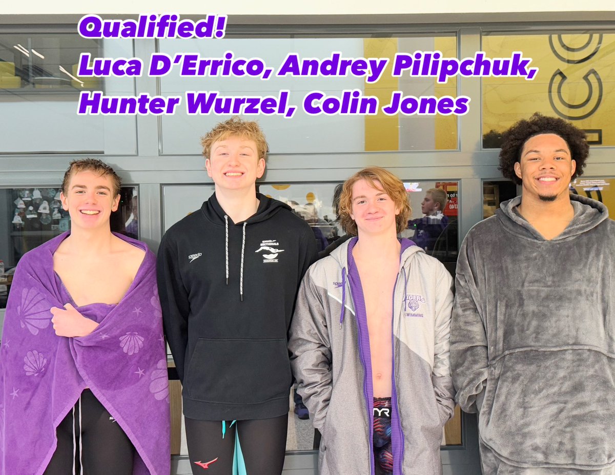 District Qualifiers: Boys 200 &amp; 400 Free Relays
Individual Qualifiers: L. D’Errico - 500 Free; C. Jones - 50 &amp; 100 Free; A. Pilipchuk - 50 &amp; 100 Free